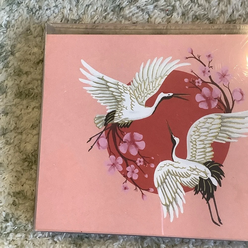White Crane Red Moon Floral Boxed Note Cards Paper Source NWT set of 10